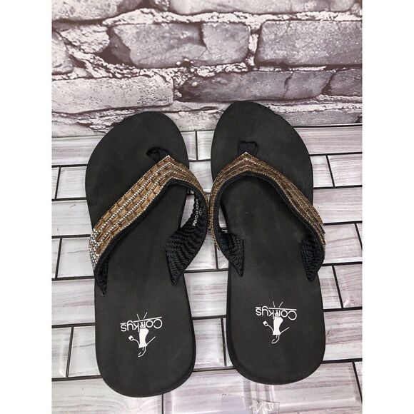 Corky’s Gold Crystal Rhinestone Thong Foam Wedge Sandals Women’s Sz 11M US/42EU - Picture 6 of 16